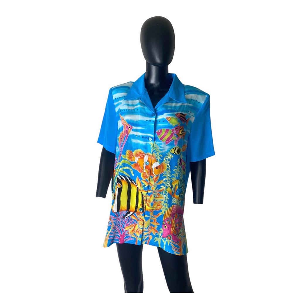 Diane Gilman silk tropical vacation beach  blouse Large (b75)
